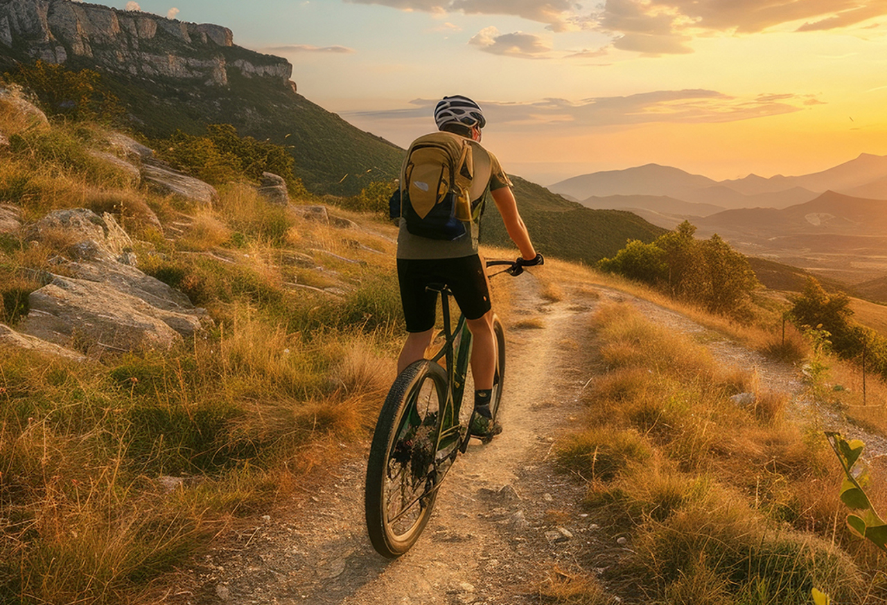 Man on bicycle looking over landscape