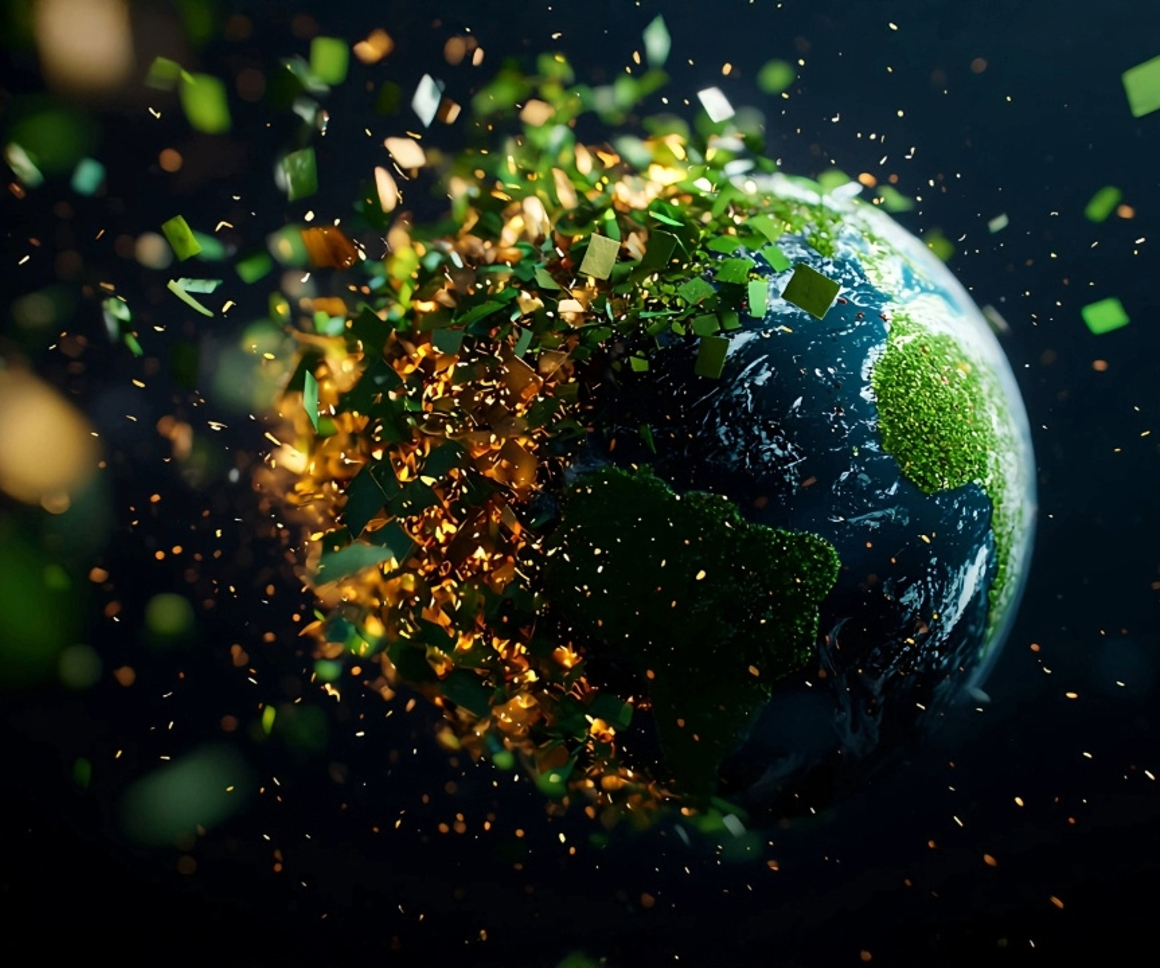 Earth seen from space with green and gold confetti covering half of the planet