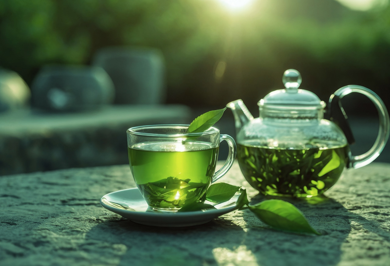 Green herbal tea and teapot