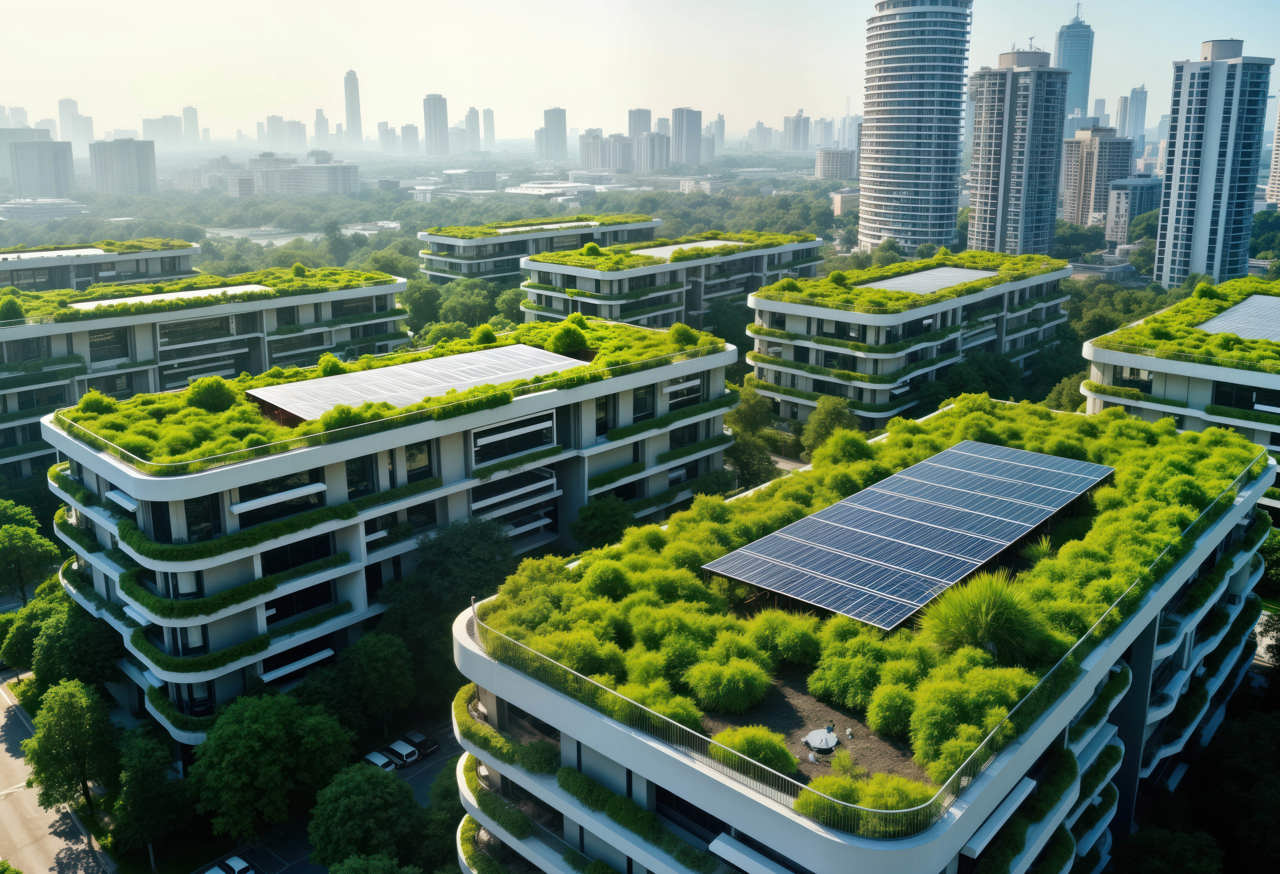 Futuristic blocks of apartments with solar panels and lots of greenery