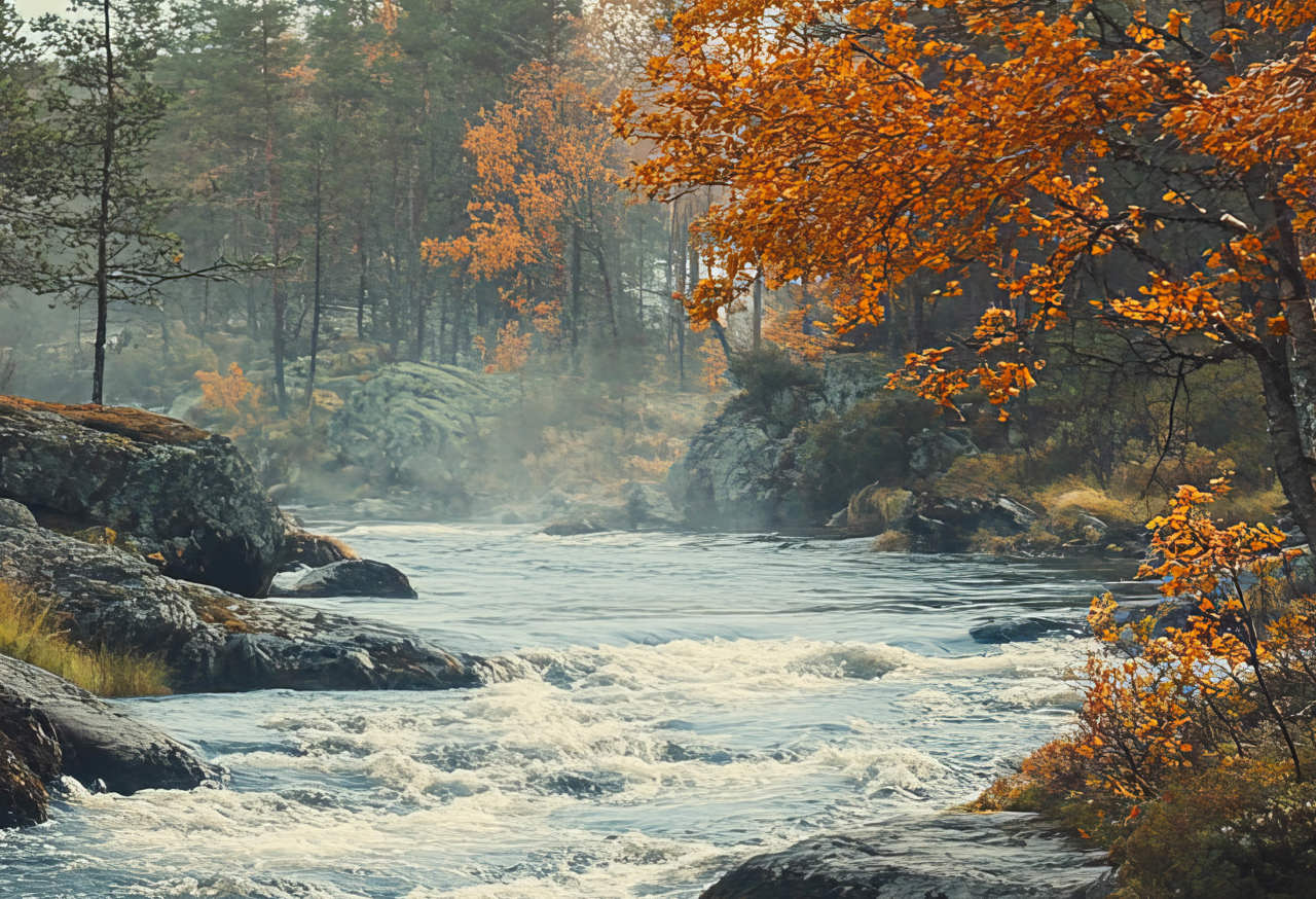 Wild river flowing through forest landscape during September autumn