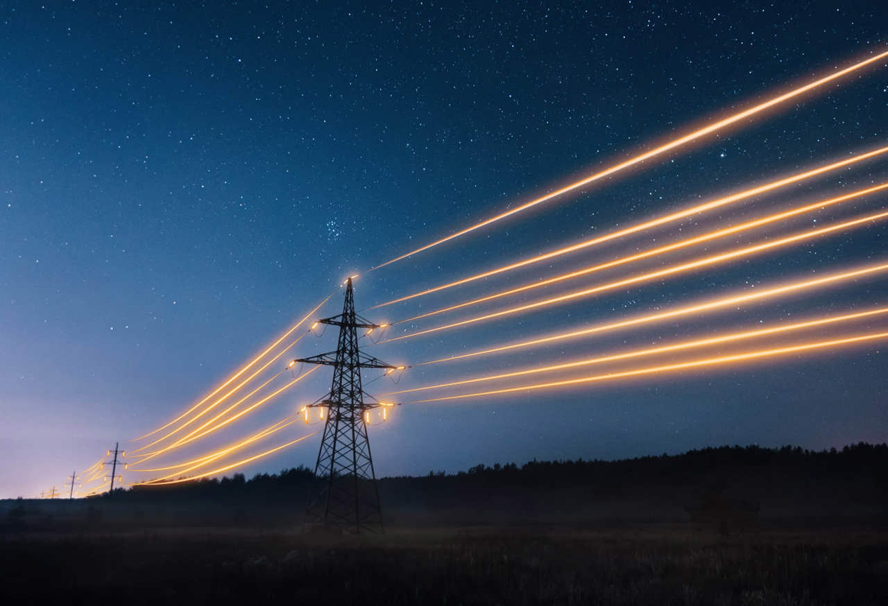 A starry night sky over a landscape with power lines stretched across tall electrical towers, which are illuminated to create bright, parallel lines of light against the dark horizon.