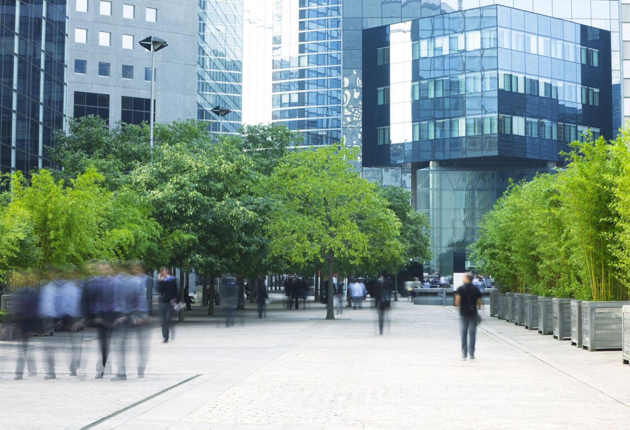 Commercial Buildings And People In A Green Space