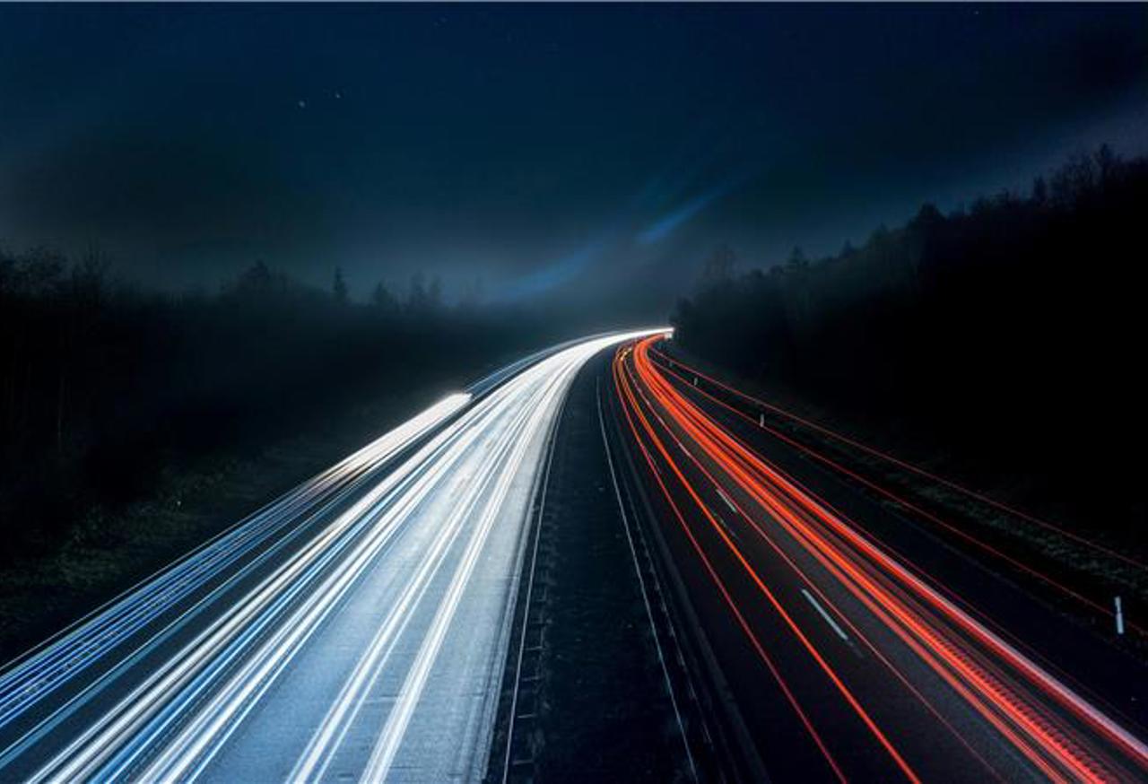 Long exposure view of car lights on a busy road