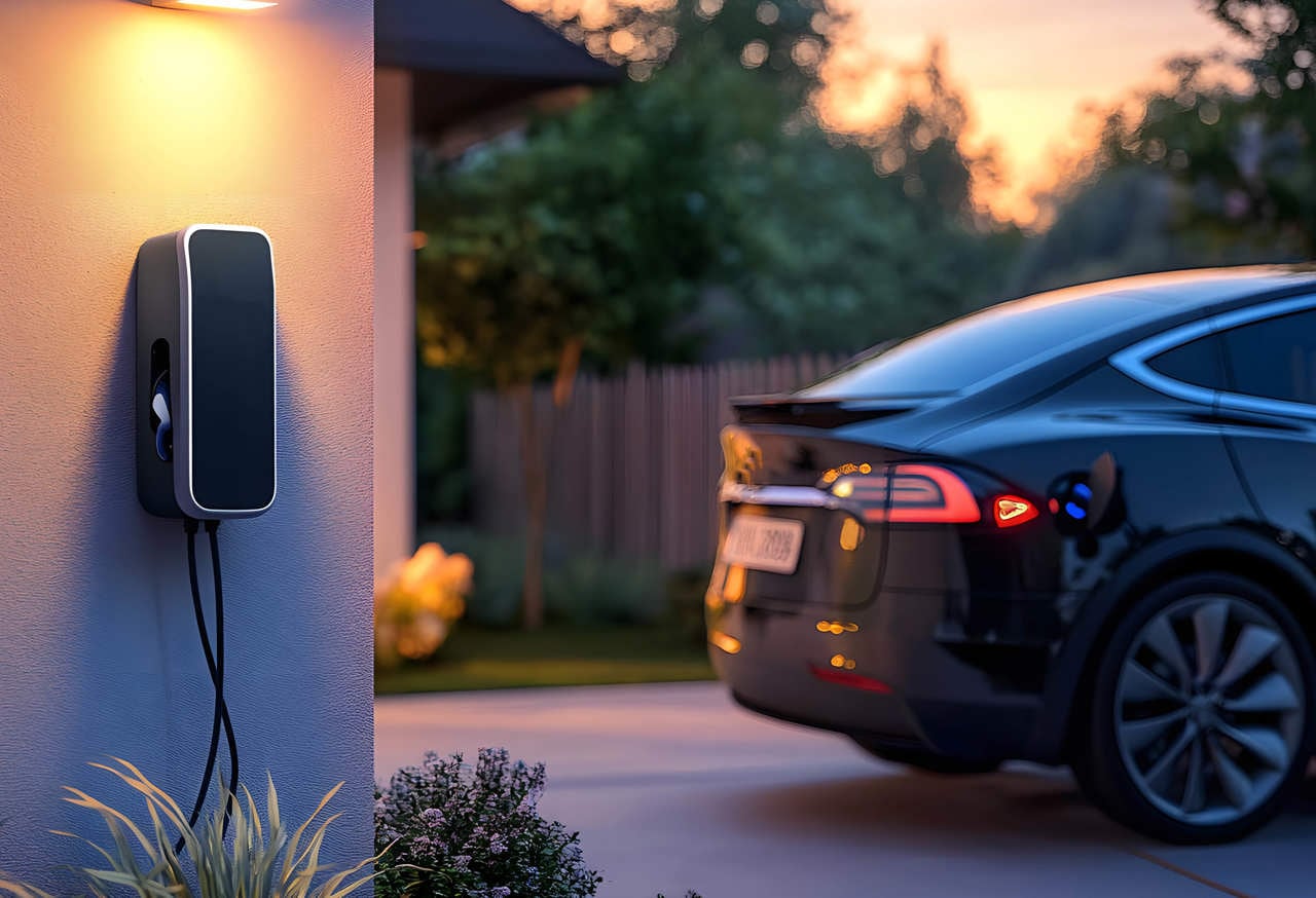 Wall mounted electric home charger, wallbox EV charging station with cable connected to black car. Eco alternative energy charging for modern electric vehicles at house, evening.