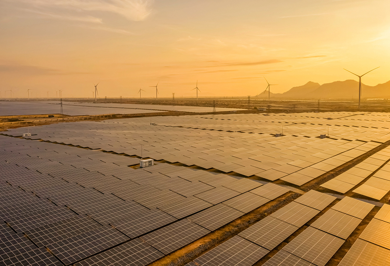 Field of solar panels and wind turbines
