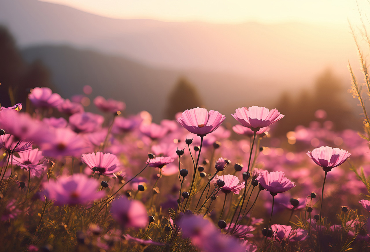 Pink flowers in a field