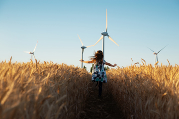 Child Running In A Corn Field Towards A Wind Turbine