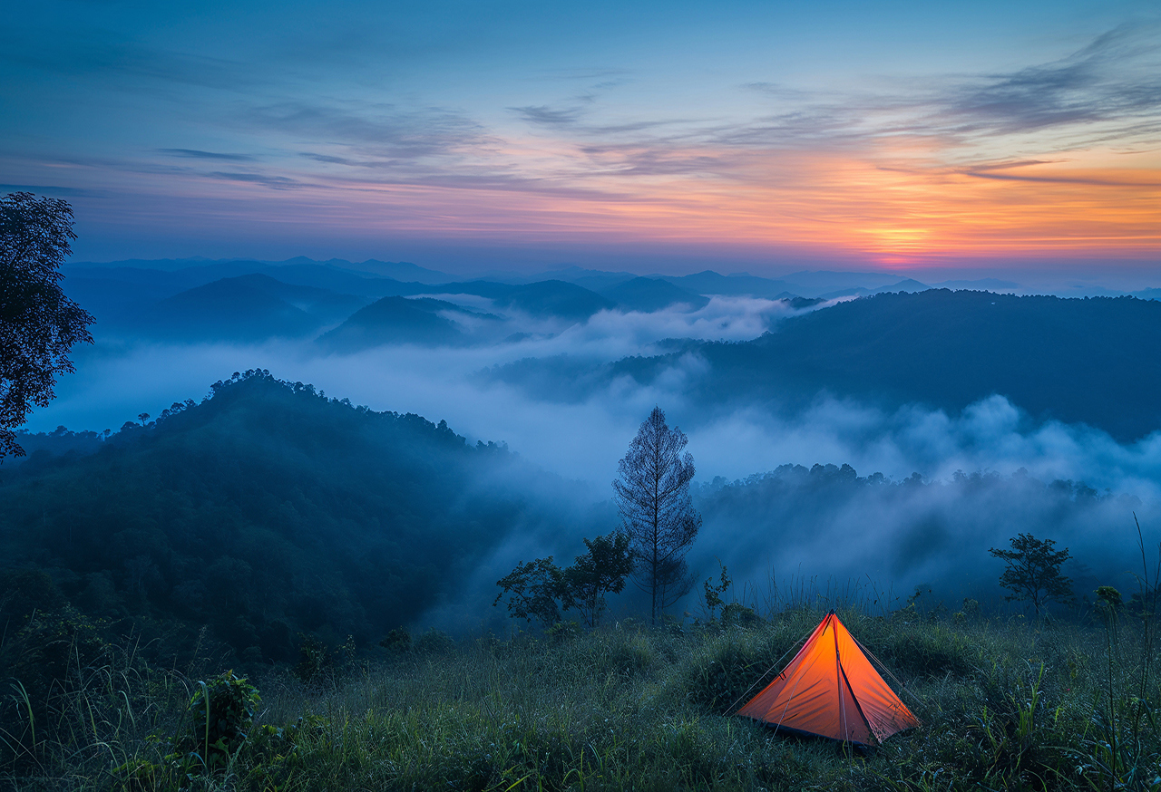 Tent with misty background of mountains
